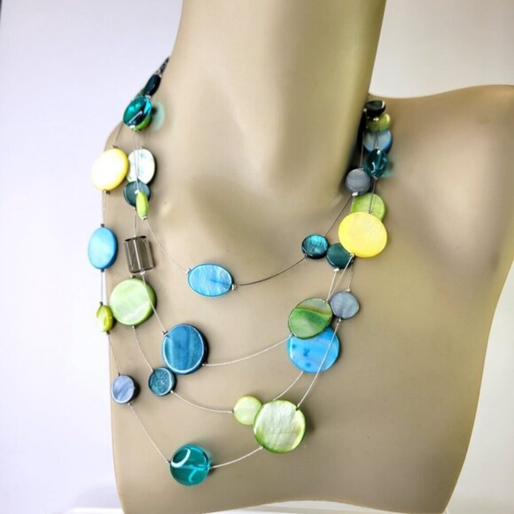 Floating Bead Necklace with Blue and Green Flat Round Discs
